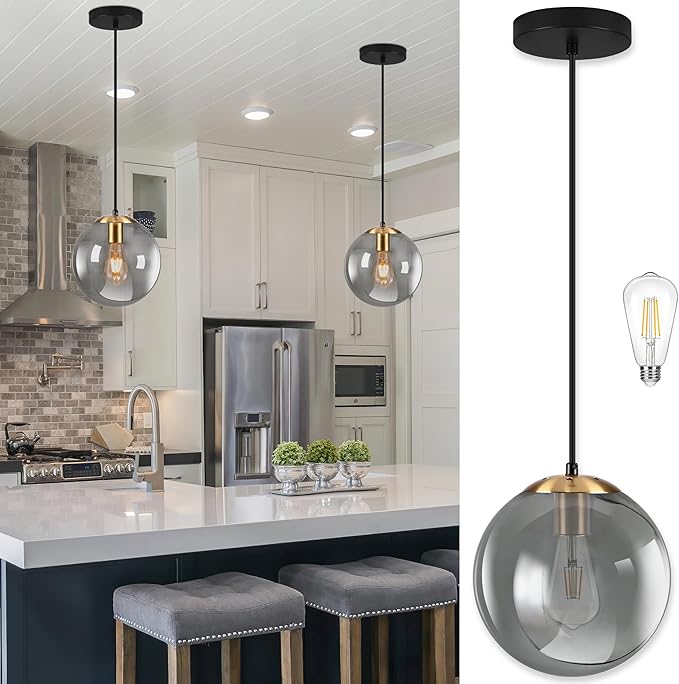 KoKo&Yukina 10 Inch Pendant Light Glod Globe Pendant Lights Kitchen Island Mid Century Light Fixture Adjustable Globe Pendants Lights with Grey Glass Shade for Dining Room Living Room