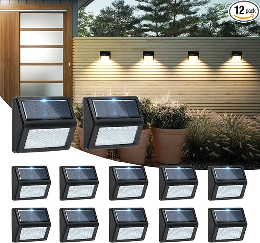 Bright Solar Fence Lights, 12 Pack Outdoor Step Lights, IP65 Waterproof, 3000K Warm-White, Dusk to Dawn Outdoor Lighting with 6 LED for Wall, Garage, Patio, Exterior, Porch