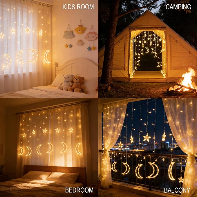 Dazzle Bright Ramadan Curtain String Lights, 138 LED 8.2 FT Warm White Star Moon Window Lights with Timer and 8 Lighting Modes, Waterproof Ramadan Decorations for Bedroom Wall Wedding Outdoor Party