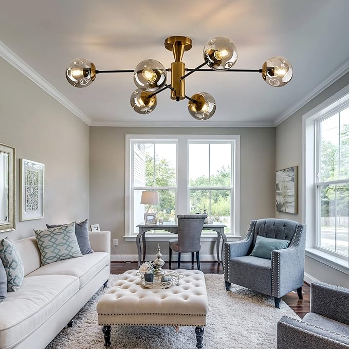 hesoge Modern Semi Flush Mount Ceiling Light Fixture 6-Light Sputnik Gold Chandelier with Glass Globe Mid Century Ceiling Lighting for Dinning Room Farmhouse Kitchen Bedroom Living Room