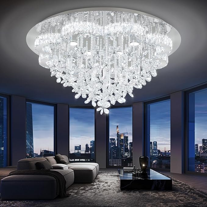 Flashing God Dia 48“ Modern Crystal Chandelier Living Room Large Chandeliers Dinning Room Crystal Raindrop Chandelier Flush Mount Ceiling Light LED Dimmable 2700k 4500k 6000k
