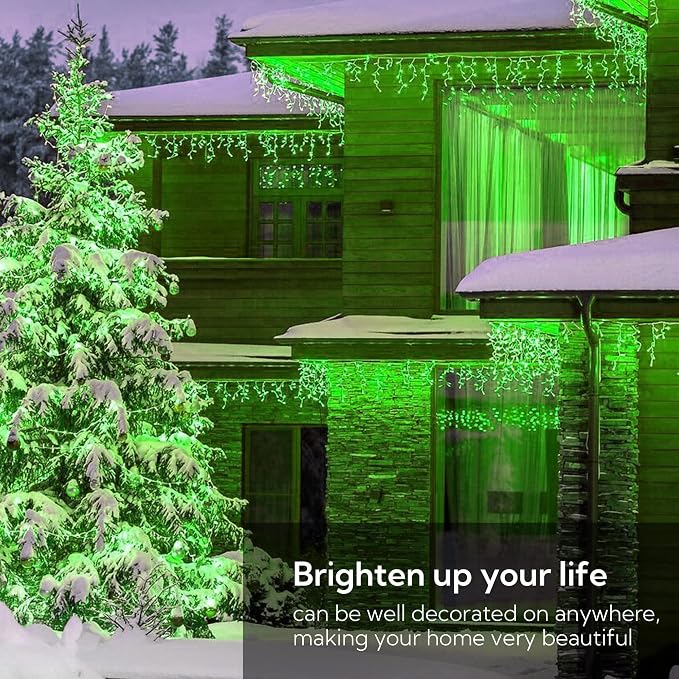 Hopolon Green Christmas Icicle Lights, 33FT 360 LED 60 Drops | Waterproof connectable curtain string lights with 8 modes and memory, for outdoor St. Patrick’s Day, party, holiday decor