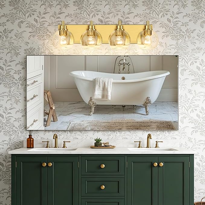 IZORRO Bathroom Light Fixtures, 4 Light Brushed Gold Vanity Light, Modern Wall Sconces with Globe Clear Glass Shade, Vanity Lighting Fixtures Over Mirror,E26 Bulb Socket