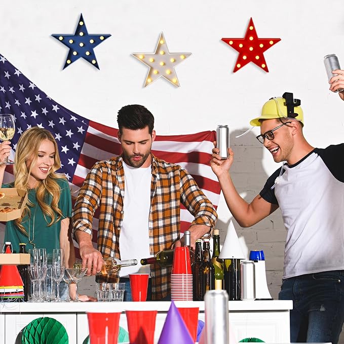 Tujoe 3 Pcs 4th of July Star Shaped Lights LED Independence Day Signs Red White and Blue Patriotic Star Centerpieces for Tables Indoor Outdoor 250th Independence Day Party Decorations(Smooth)