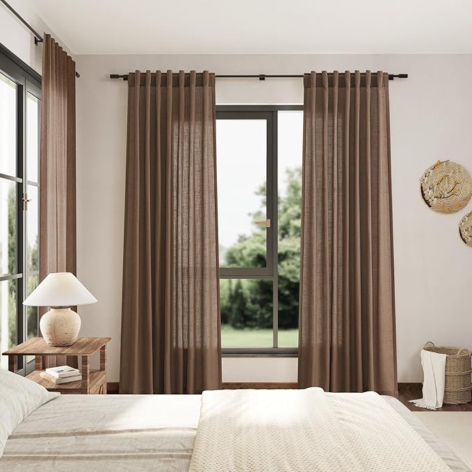 Caramel Brown Linen Curtains 96 Inches Long for Living Room Rod Back Tab Burlap Textured Linen Drapes Vintage Rustic Farmhouse Light Filtering Curtain 96 Inch Length for Dinning Room Bedroom 52x96