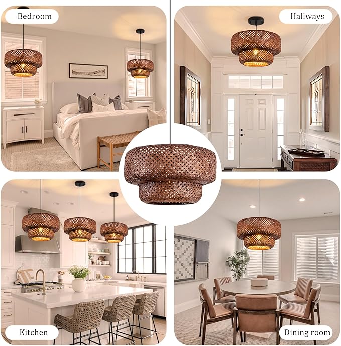 Dark Curry Bamboo Pendant Light,Boho Rattan Hanging Light,13.78" Hand Woven Wicker Chandelier for Kitchen Island for Kitchen Island Dining Bedroom Living Room Restaurants