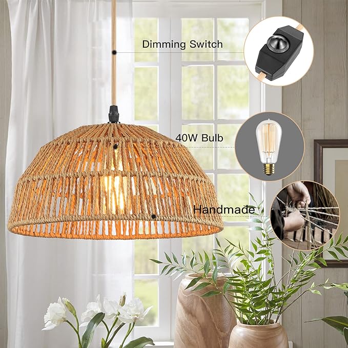 Plug in Pendant Light, Hanging Lights with 15ft Golden Cotton Cord & Stepless Dimming Switch, Handwoven Hemp Rope Lampshade, Boho Hanging Lamp for Kitchen, Hallway (Bulb & 2 Swag Hooks Included)