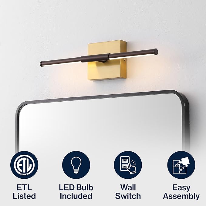 JONATHAN Y 16.25" Oil Rubbed Bronze/Brass Gold Modern Dimmable Integrated LED Wall Sconce, Minimalist Adjustable Metal Vanity Light for Bathroom Mirror, Bedroom, Hallway, 3000K, ETL Listed (JYL7039F)