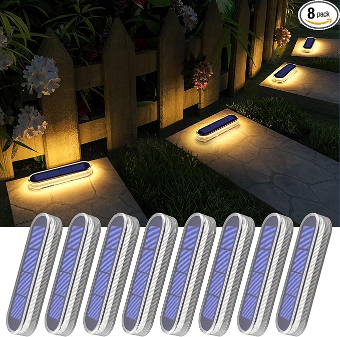 YiLaie Solar Step Lights Outdoor Waterproof Dock Deck Stair Stick on Lights Solar Powered for Outside RV Decor Strips Garden Front Porch Patio Auto ON/Off (Warm White 8 Pack)