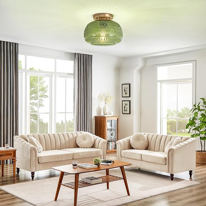 Semi Flush Mount Ceiling Light, 9" Green Glass Gold Fixture, Modern Close to Ceiling Light for Kitchen Hallway Bedroom, E26 Base,Bulb NOT Included