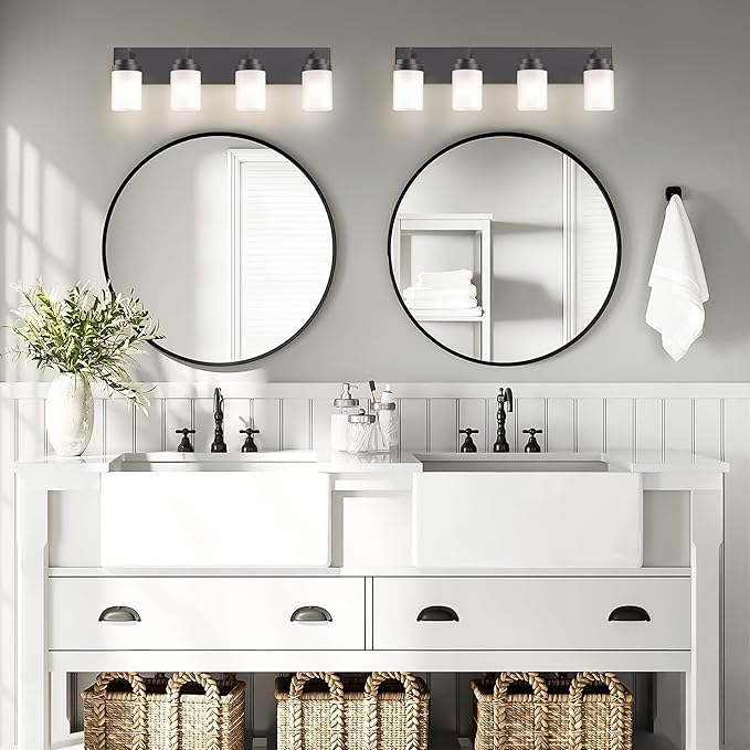 Espird Bathroom Vanity Light, 4 Light Matte Black Vanity Light with White Matte Glass Shade, 30in Farmhouse Wall Light, Lighting Fixtures Over Mirror for Bathroom