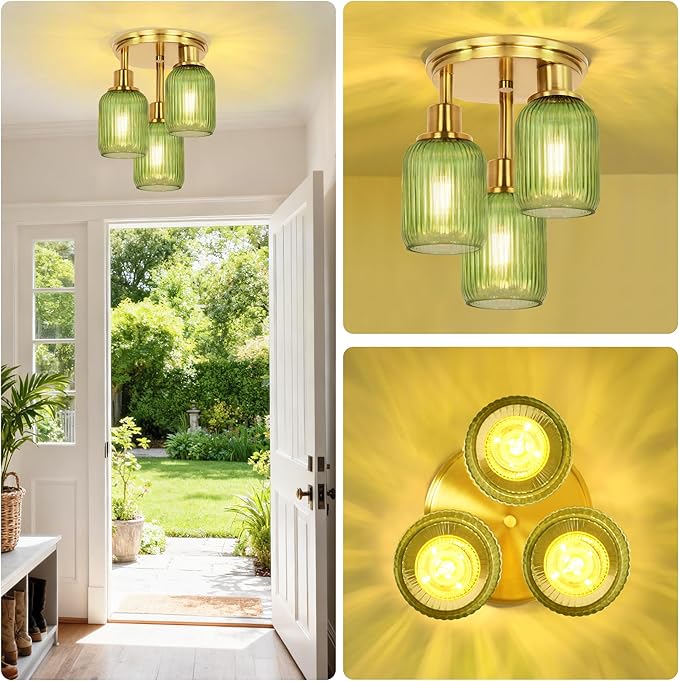 Semi Flush Mount Ceiling Light, 3-Light Close to Ceiling Light Fixtures, Brass Gold Finish Kitchen Light Fixtures with Green Glass Shades Patriot Lighting for Entryway Porch Hallway, Gold & Green
