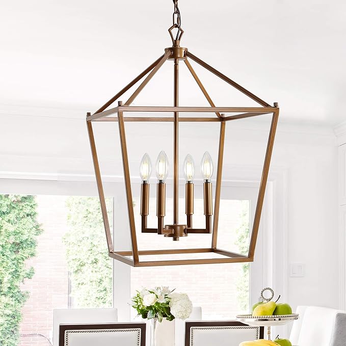 JONATHAN Y 16" Antique Gold Lantern Pendant Light, 4-Light Pagoda Style Metal Cage Farmhouse Hanging Ceiling Fixture for Kitchen Island, LED Bulb Included (JYL7437B)