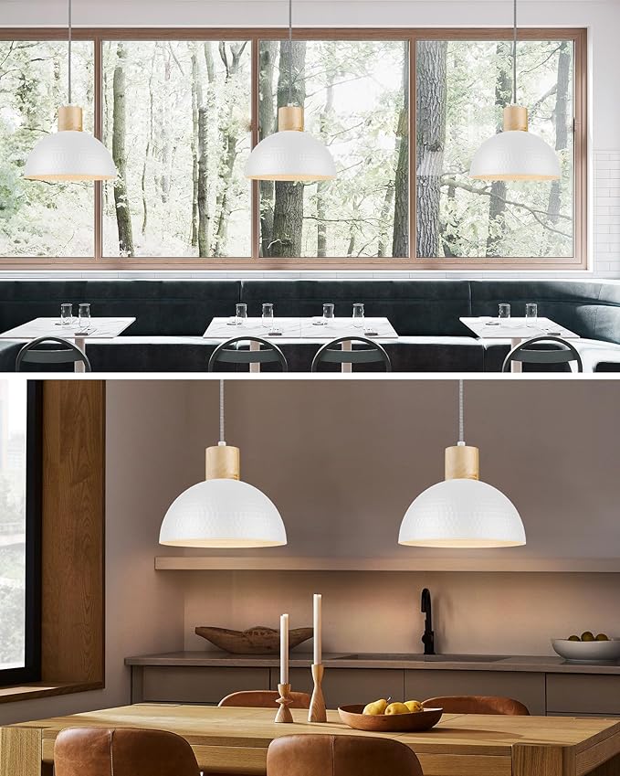 ELYONA 2 Pack Hammered Pendant Lights, 12" Modern Metal Dome Hanging Lamp Solid Wood Pendant Light Fixtures for Kitchen Island, Farmhouse, Dining Room, Sink, Bedroom, Hallway, Nordic White