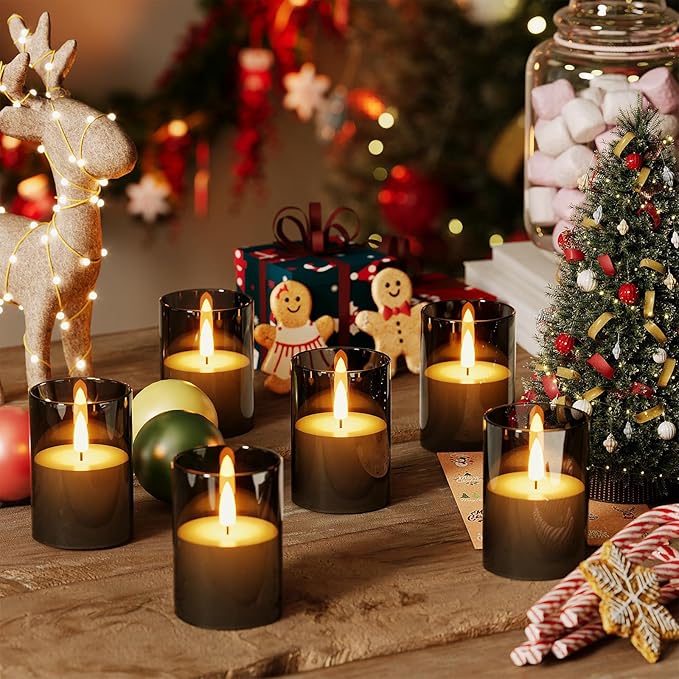 VIODAIM 12Pack Flickering Flameless LED Candles with Timer, Battery Powered - Small Pillar & Votive, Black (2"X3")
