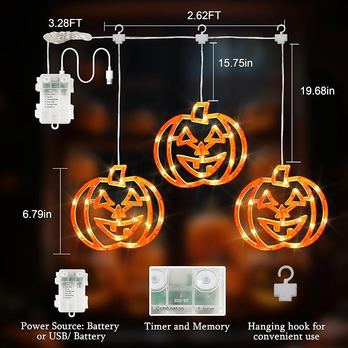 Halloween Window Lights,3 Pack 48LED Pumpkin String Light with Battery Operated,Timer Memory Hanging Orange Halloween Light for Spooky Decor Outdoor Indoor Curtain Home Party Gift