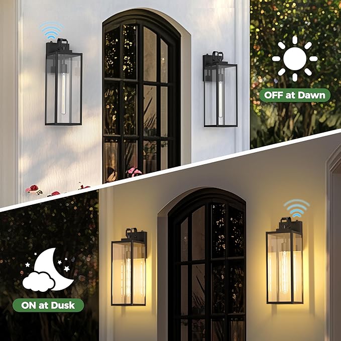 DORESshop 18 Inch Large Size Dusk to Dawn Outdoor Wall Lights, Matte Black Waterproof Anti-Rust Outdoor Light Fixtures Wall Mount with Clear Glass Shade for Porch, Garage, Doorway, 2 Pack