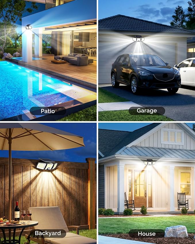 Brightown 1 Pack Solar Outdoor Lights, 2500LM 223 LED Solar Flood Outdoor Lights with Motion Sensor 3 Modes, 3 Head 270° Wide Angle Street Area IP65 Waterproof Security Wall Lights with Remote