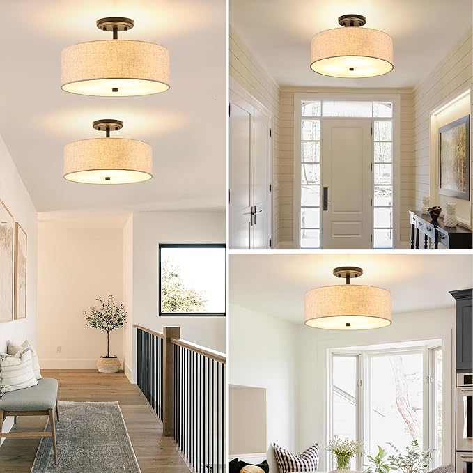 13.8 Inch Semi Flush Mount Ceiling Light Fixture, 3-Light Modern Farmhouse Drum Pendant with Fabric Shade for Bedroom Hallway Entryway Living Room (Oatmeal+Black)