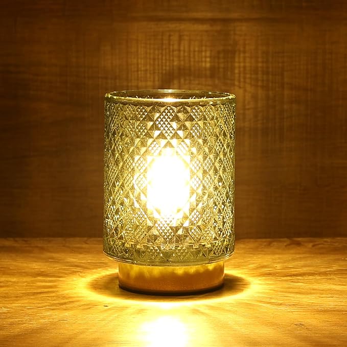 LUSHARBOR Battery Operated Lamp with Timer, Small Table Lamp for Shelf Decor, Glass Cordless Lamps Bedside Cozy Light for Living Room/Coffee Table/Entryway Diamond Design-Green