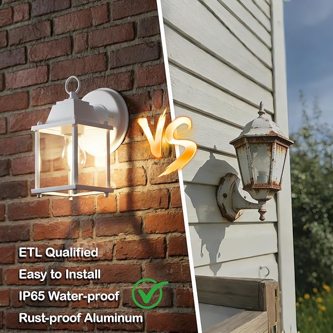 LIT-PaTH Outdoor Wall Lantern, Wall Sconce as Porch Lighting Fixture, E26 Base, Aluminum Housing Plus Glass, Water-Proof and Outdoor Rated, ETL Qualified, 2-Pack, White