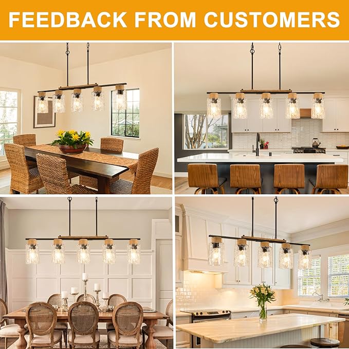 35" Dining Room Light Fixture/Chandelier Over Table, 5-Light Matte Black Kitchen Island Lighting with Clear Glass Shade, Modern Hanging Pendant Lights Fixture for Kitchen Island, Dining Room, Bar