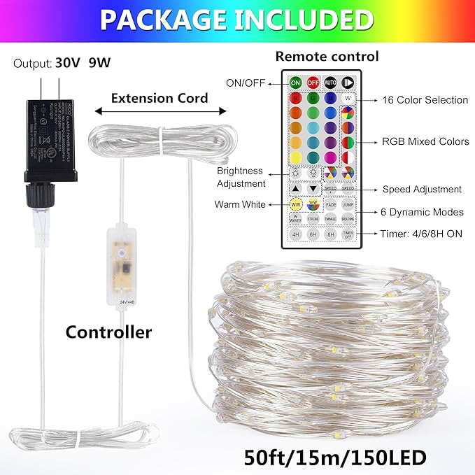 50ft Fairy Lights Plug in, Dimmable 25 Colors 14 Modes RGB+Warm White Color Changing String Lights,150LED Twinkle Lights with Remote, Christmas Fairy Lights for Indoor Outdoor Party Xmas Décor