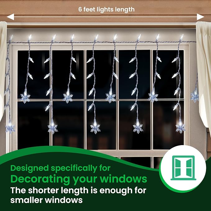 LED Twinkle Window Icicle Snowflake Lights - 3 Feet - 8 of 50 Lights Twinkle - 50 LED Cool White Bulbs - Indoor Outdoor - Random Shimmering Twinkle Christmas Icicle Snowflake Lights