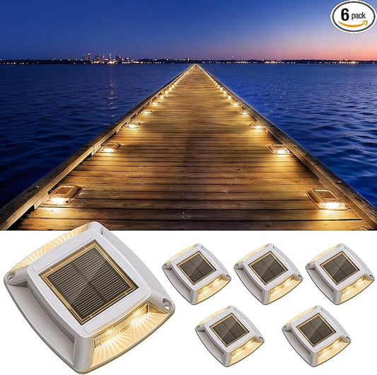 Solar Driveway Lights 6 Pack, Solar Powered IP68 Waterproof Dock Lights, 4 LED Driveway Markers Deck Light for Dock, Pathway, Walkway, Sidewalk, Garden, Yard, Stair, Marine Use (Warm)