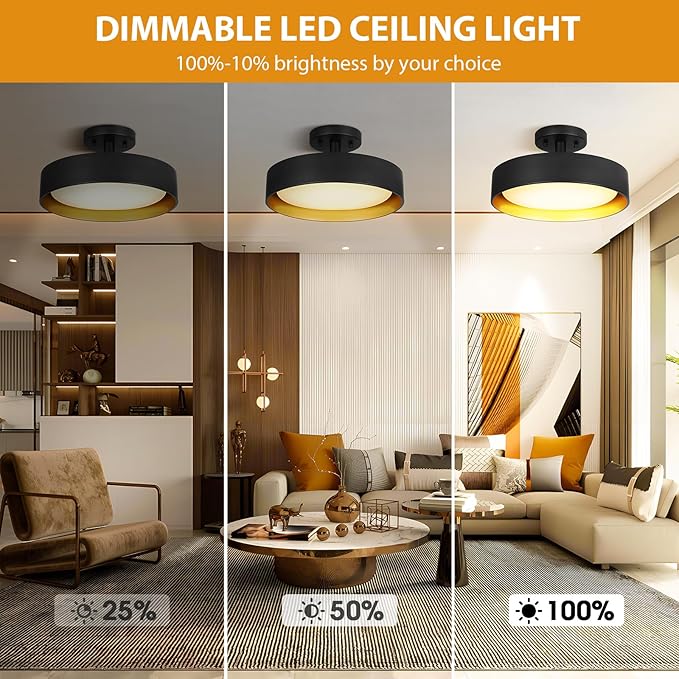 SunRider Semi Flush Mount LED Ceiling Light Fixture, 12-inch 25W 2000LM Black Pendant Lamp for Entrance Attic, Gold Inside, 3000K Warm White, Dimmable
