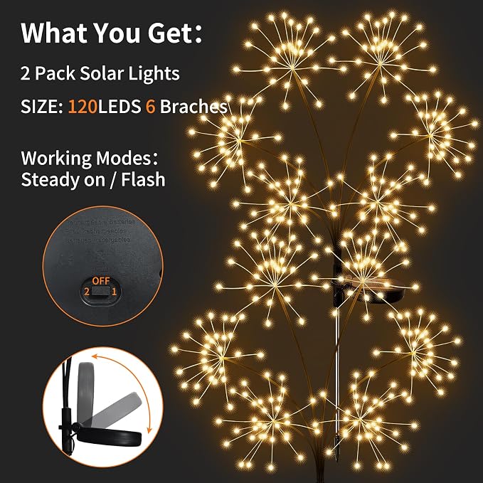 JJGoo 2 Pack Solar Garden Lights Outdoor Waterproof, New Upgraded 6 Branches Firework Starburst Lights with 2 Modes, Solar Fairy Lights for Yard Garden Patio Pathway Party Decor - Warm White