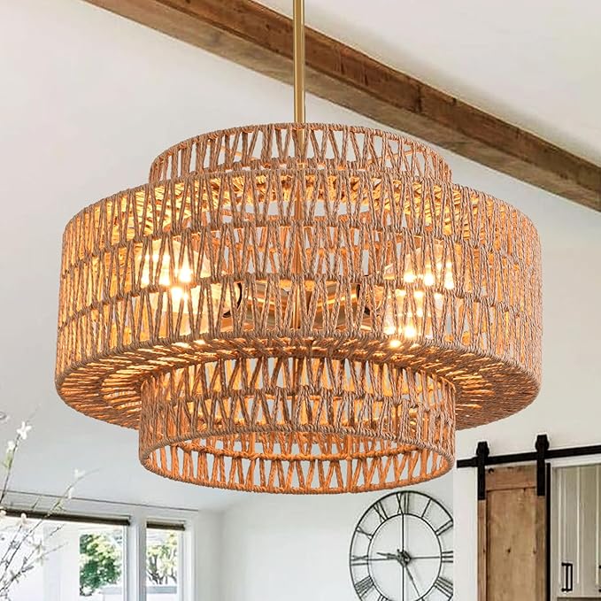 4-Light Boho Rattan Chandelier Light Fixture 17.7" 3-Tier Farmhouse Boho Chandelier Hand Woven Rattan Pendant Light Rustic