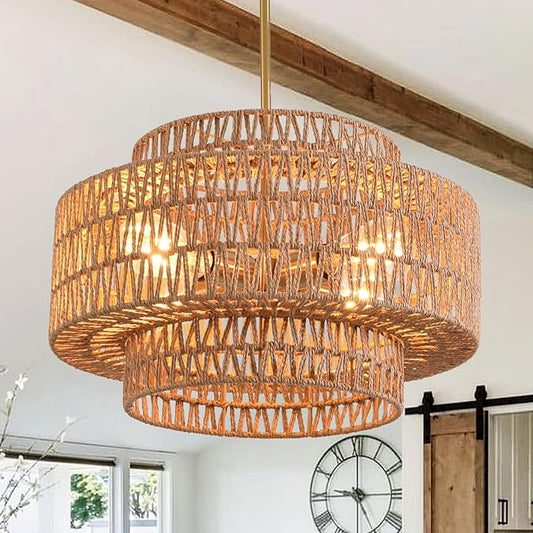 4-Light Boho Rattan Chandelier Light Fixture 17.7" 3-Tier Farmhouse Boho Chandelier Hand Woven Rattan Pendant Light Rustic