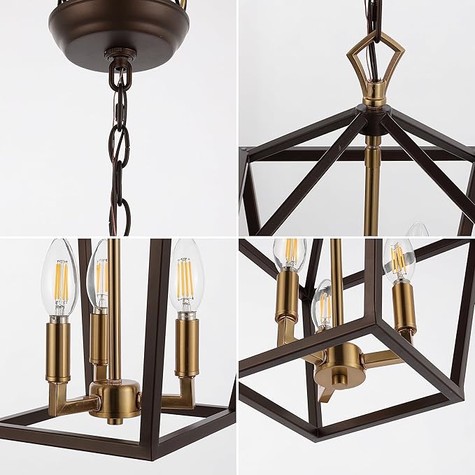 JONATHAN Y 10" Oil Rubbed Bronze/Brass Gold 3-Light Pagoda LED Pendant Lantern, Classic Modern Farmhouse Chandelier for Kitchen Island, Dining Room, Entry, Foyer, Rustic Iron Frame (JYL7601D)