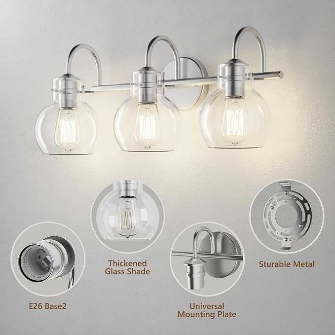 Bathroom Light Fixtures Brushed Nickel 3 Light Bathroom Lights Over Mirror with Clear Glass Shade Brushed Nickel Modern Wall Sconces Vanity Light for Bathroom UL Listed