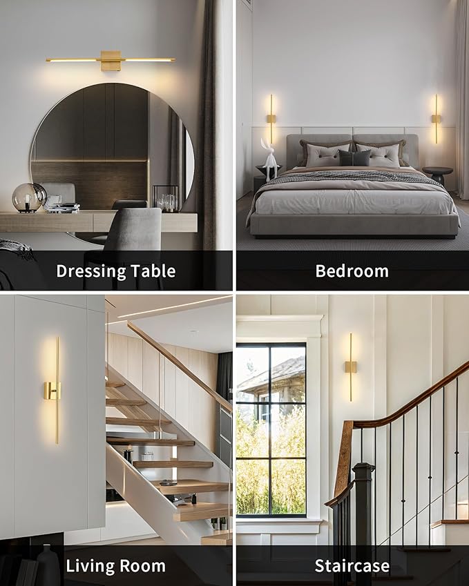 KDG Cordless Wall Sconces Set of 2, Wireless 5200mAh Rechargeable Battery Operated LED Wall Lamps with Remote, 360° Rotate Lightings for Wall Painting, Bedroom, Hallway, Night Light 23.6 inch (Gold)