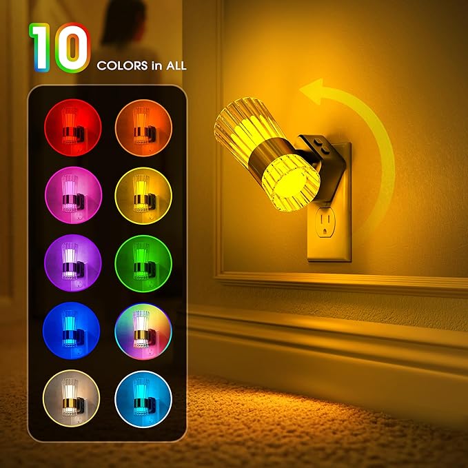 Briignite Night Light, Night Lights Plug into Wall, RGB Color LED NightLight with Dusk to Dawn Sensor, 180° Rotating Night Lights, Adjustable Brightness, Wall Sconce for Bedroom Hallway, 2 Pack