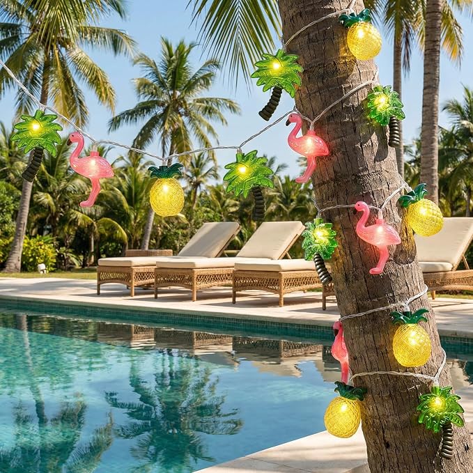 PASUTO Summer Beach Hawaiian String Lights, 10 LED Tropical String Lights, Hawaiian Tropical Beach Pool Party Decorations, Flamingo Pineapple Palm Tree Light Indoor Outdoor, Connectable Plug