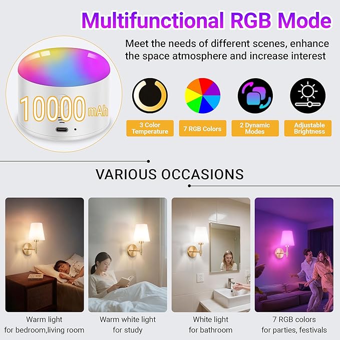 YHCDLAMP Battery Operated Wall Sconces Set of Two, Rechargeable Wireless Wall Lights with 10000mAh RGB Dimmable Detachable Bulb, Battery Sconces Wall Decor with Remote for Bedroom Living Room Hallway