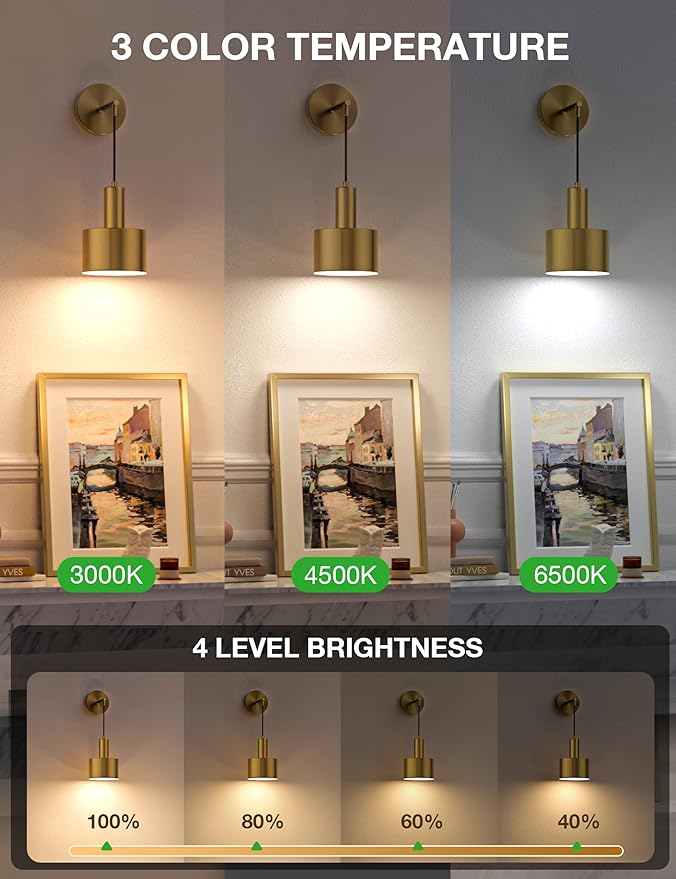 NIORSUN Battery Operated Wall Sconce Set of 2, Gold Wireless Rechargeable Wall Lights with 5200mAh Dimmable Detachable Bulbs and Remote, 9 Colors Sconces Wall Decor for Bedroom Living Room Hallway