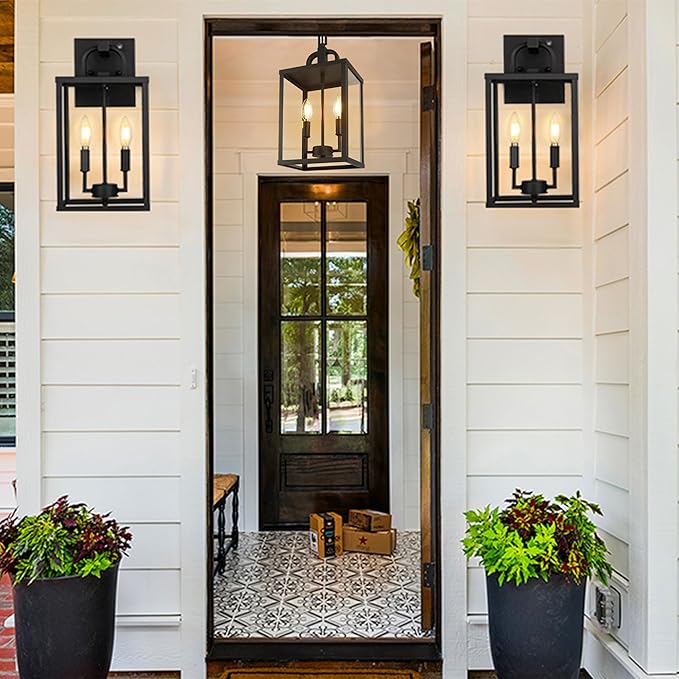 Large Outdoor Indoor Pendant Light 2-Light, Modern Black Metal Outside Chandelier Exterior Hanging Fixture Ceiling Mount with Clear Glass Shade for Front Porch Entrance Foyer Entryway (Bulb Included)