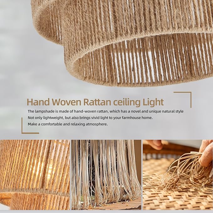 Boho Semi Flush Mount Ceiling Light Gold Rattan Ceiling Light 12.6" Farmhouse Ceiling Lamp with Natural Hemp Rope Lampshade for Dining Room Living Room Bedroom Kitchen