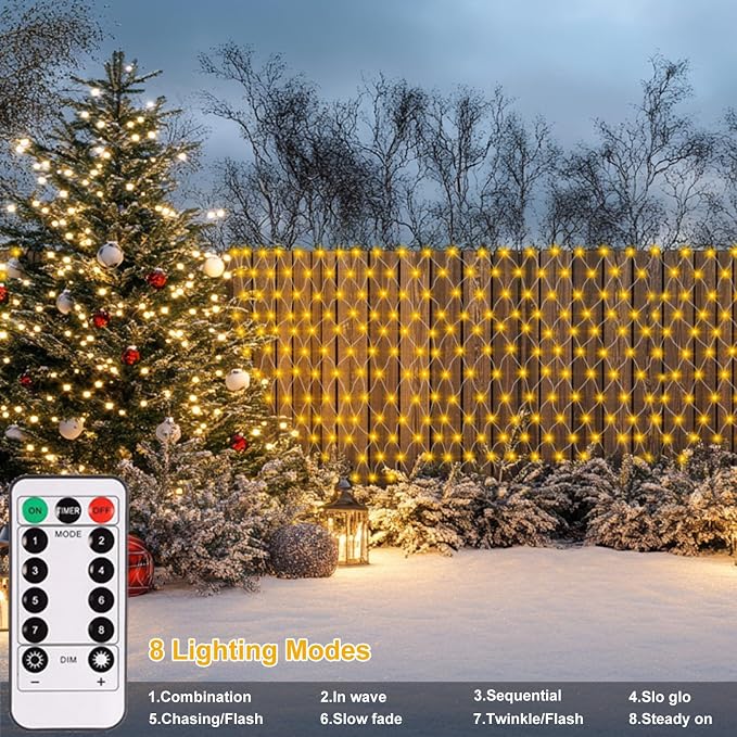 echosari Christmas Net Lights Battery Operated, 100 LED 5FT x 5FT Net Lights Outdoor with Remote Timer, Bush Mesh Light for Xmas Tree Garden Yard Decor (Warm White)