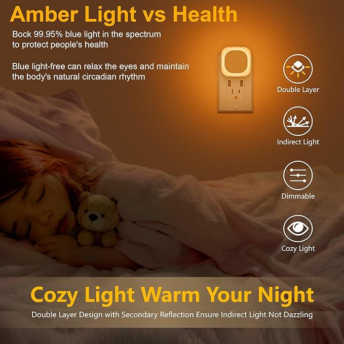 YUNLEX 4 Pack Amber Night Light, Dusk to Dawn Sensor, Warm Glare-Free Reflected Glow, 3-Level Dimmer, Auto On/Off, Plug-in LED Nightlight for Bedroom, Kids, Bathroom, Sleep, Baby Nursery, Toddler