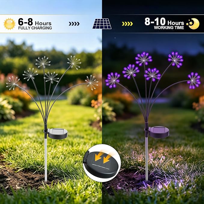 Solar Garden Lights Outdoor, Upgraded Solar Swaying Starburst Light Waterproof with 2 Modes, Solar Fairy Firework Lights for Yard Patio Pathway Flowerbed Balcony Garden Decoration (Purple, 4 Pack)