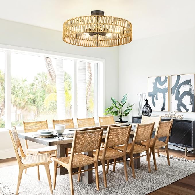 Hamilyeah 24 inch Rattan Boho Flush Mount Ceiling Light Fixture with 5 Light,Woven Light Fixtures Ceiling Mount for Living Room, Bedroom, Kitchen