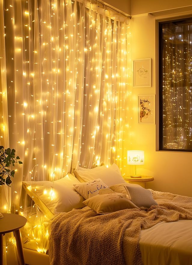 Brightown 300 LED Fairy Curtain Lights, 9.8ft x 9.8ft String Lights, USB Plug in 8 Lighting Modes Christmas String Hanging Lights with Remote for Bedroom Indoor Outdoor Party Xmas Warm White 2 Pack