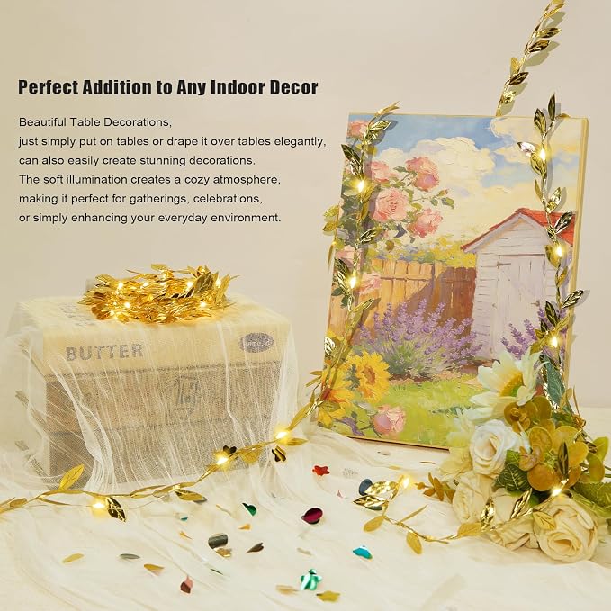 Gold Leaf String Lights Battery Operated, 20LED 6.56ft Fairy Lights with Leaves Vines for Bedroom, Garland Hanging Light for Room Decor Party Wedding Dorm, 2 Pack