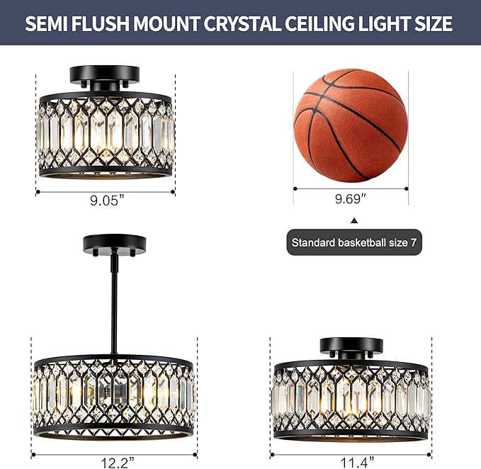 Crystal Black Ceiling Light, Modern Light Fixture Ceiling, Chandelier for Living Room Dinning Room Bedroom Walk-in Closet 3-Light 12.2 Inch