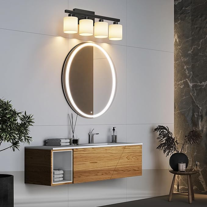 PARTPHONER Bathroom Light Fixtures, Bathroom Lighting Fixtures Over Mirror, Interior Classic Vanity Lights, Modern Vanity Light with Textured White Glass Shade, Matte Black, 4-Light
